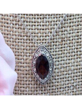 Silver Tone Dainty Chain Pendant Necklace Faux Red Ruby & Rhinestone Accents 17"